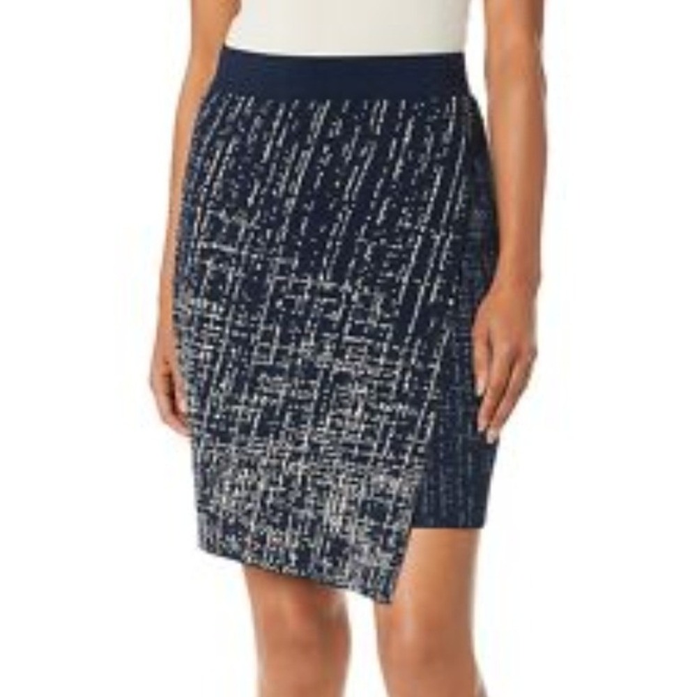 NIC+ZOE Womens M Renew Skirt Navy Blue Knit Faux Wrap A-Line Asymmetric